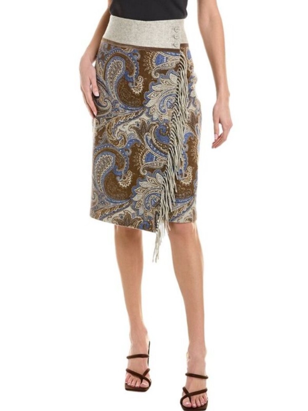 J. McLaughlin Cashmere Paisley Fringe Midi Skirt in Brown, Blue, and Cream